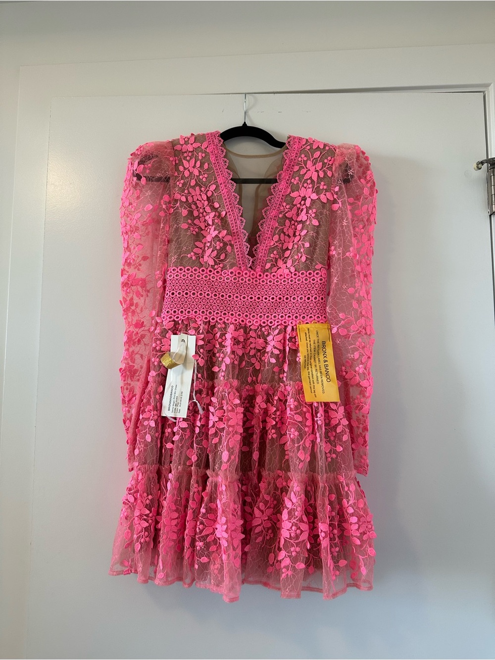 Bronx and Banco Neon Pink Floral Lace V‑Neck Mini Dress
